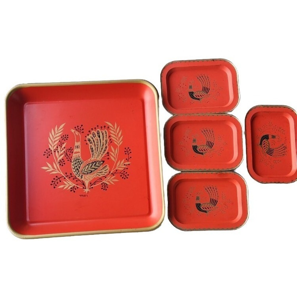 Vintage Peacock MCM Charcuterie Snack Hostess Tray Set Maxey Red Gold Square Tin